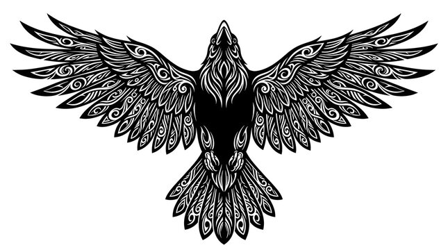Raven with wings spread