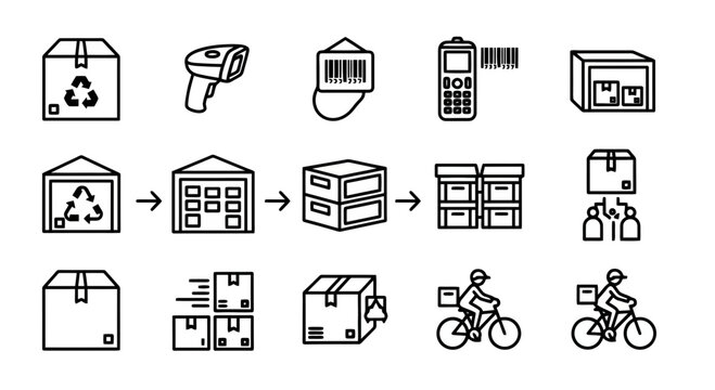 A collection of line art icons illustrating the logistics and delivery process, from packaging to final shipment.