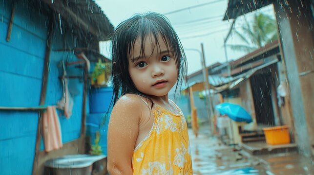 Cute Child in Rain: Innocence and Resilience in Tropical Downpour, Poverty