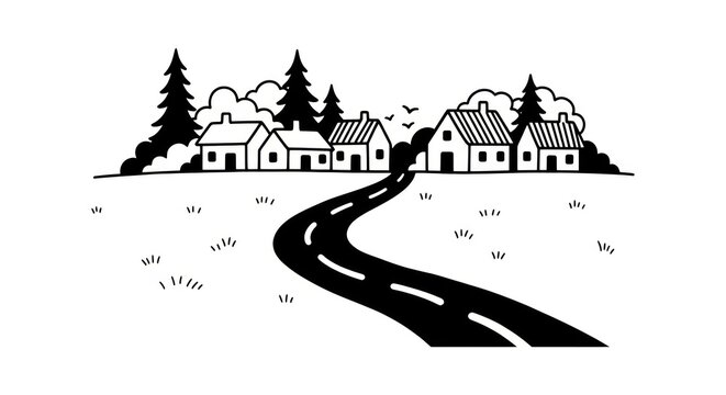 black and white illustration of houses and road.