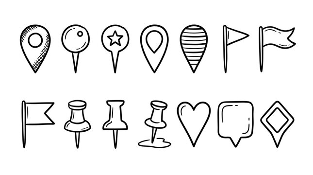 Doodle location pin. Sketch local icons. Hand drawn pencil address coordinate symbols, chalk digital map pinpoint, GPS tag, place marker, journey point. Vector set