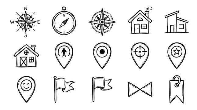 Doodle location pin. Sketch local icons. Hand drawn pencil address coordinate symbols, chalk digital map pinpoint, GPS tag, place marker, journey point. Vector set