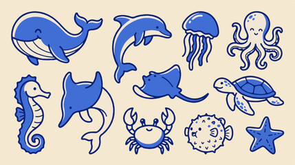 Cute blue sea animal vector collection, cartoon marine life illustrations, set of 11 aquatic creature icons for children's design
