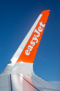 EasyJet Logo on the Winglet of an Aircraft in Mid-Flight