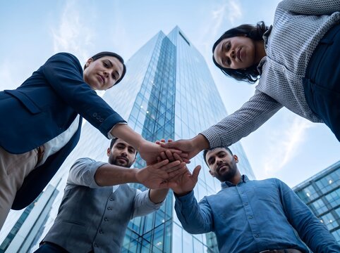 Diverse business team stacking hands together in front of city office buildings