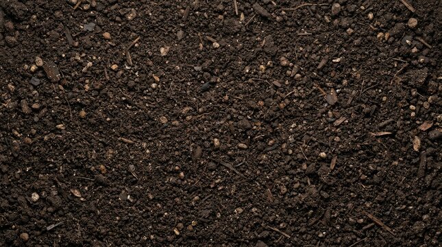 Dark Rich Soil Texture Close-up, Natural Organic Earth Background for Gardening and Agriculture