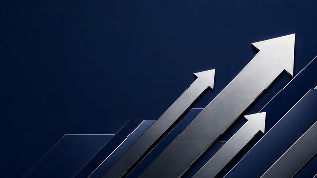 Metallic silver arrows rising on dark blue background, financial growth and business success concept, corporate progress chart
