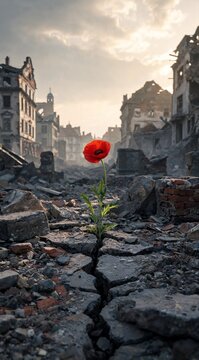Red poppy growing through cracked asphalt in ruined city. Symbol of hope and resilience after war. Remembrance of victims of fascism and peace concept in destroyed urban landscape.