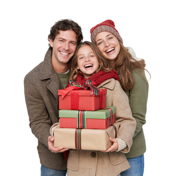 Happy family with a little daughter holding a stack of Christmas gift boxes isolated on transparent or white background, png