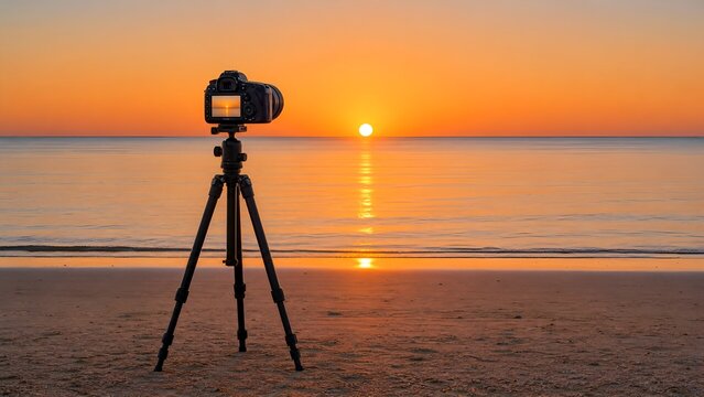 Professional Unbranded Camera on Tripod at Sandy Beach Capturing Magnificent Sunrise Over Sea Horizon with Waves and Golden Light Visible on LCD Screen