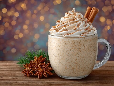 Christmas eggnog with whipped cream and cinnamon sticks on festive bokeh background