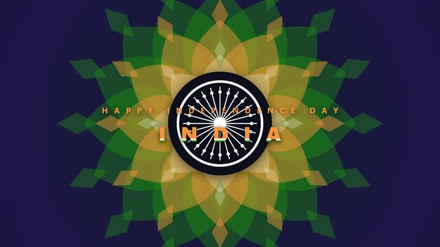 Happy independence day india animation with rotating mandala and chakra wheel