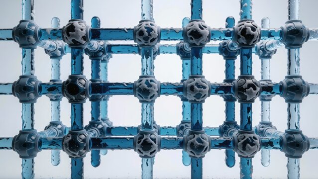 Abstract 3D grid structure with blue glass rods and textured spherical connectors.