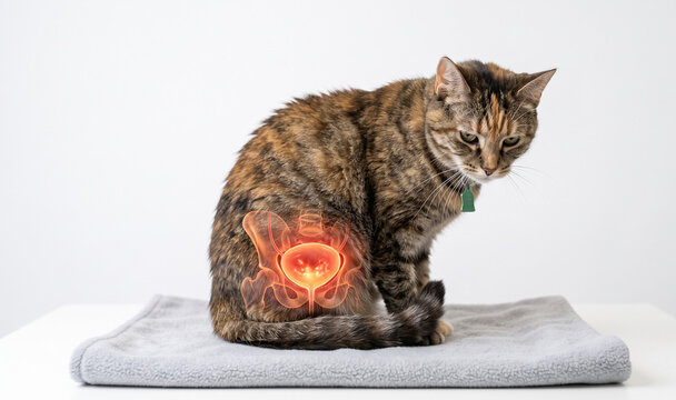Tabby cat sitting with glowing anatomical overlay showing hip and lower body pain