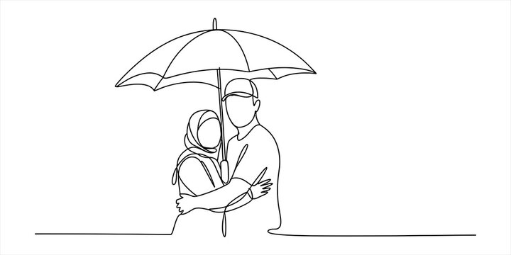 Continuous line drawing of a happy couple wearing a hijab and hat standing together under an umbrella showing love and romance in a simple artistic style