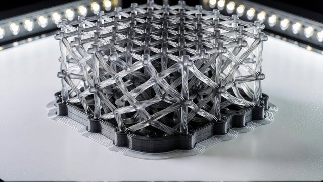 3D printed lattice structure on a build plate for additive manufacturing technology.