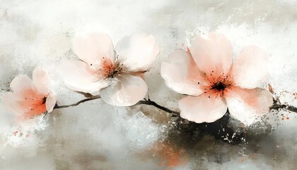 Fototapeta premium Abstract Floral Branch with Delicate Pale Pink Blossoms Painted in Soft Textured Watercolor Style