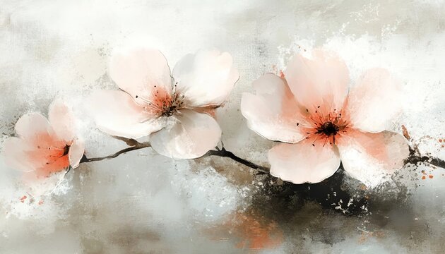 Abstract Floral Branch with Delicate Pale Pink Blossoms Painted in Soft Textured Watercolor Style