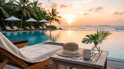 Fototapeta premium Luxury tropical resort infinity pool at sunset with a straw hat, coffee cup, small vase, towel, and sun loungers overlooking the ocean.