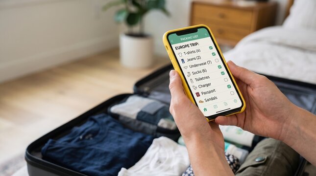 A person packs a suitcase for a trip to Europe. The smartphone shows a tracking list of items including shirts, jeans, and toiletries. Clothes are neatly arranged in the suitcase