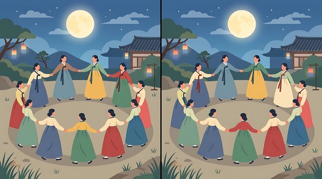 Women in traditional hanbok performing circle dance under full moon