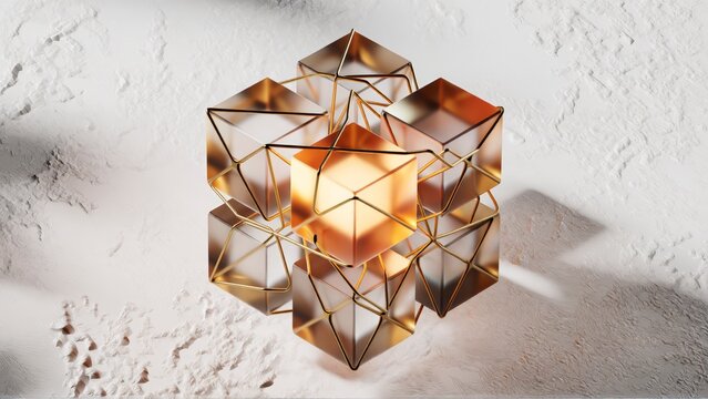 Abstract geometric sculpture of glowing amber glass cubes with wireframe structure