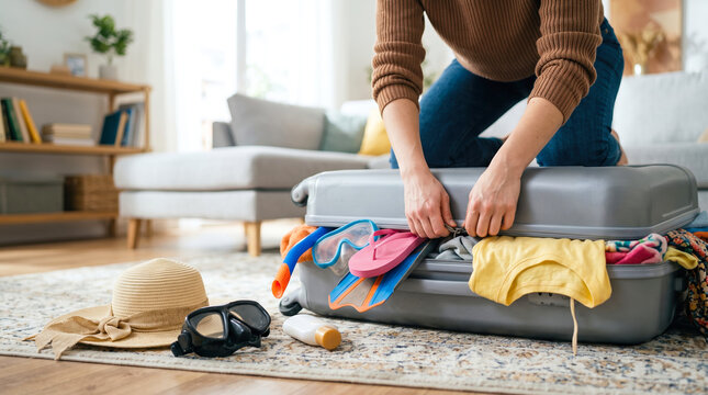 A person is packing a suitcase in a living room. Clothing and accessories are scattered nearby. They are preparing for a vacation trip. It is daytime