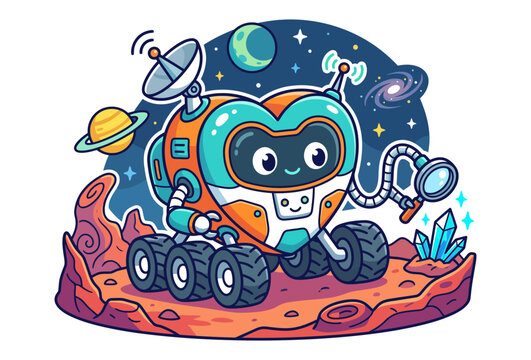 Cute heart shaped robot exploring a distant planet in outer space