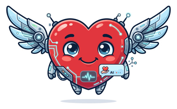 Cute robotic heart character with mechanical wings and artificial intelligence interface