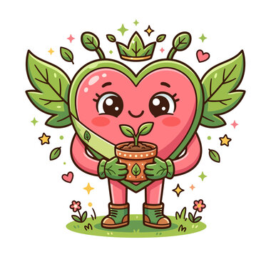 Cute cartoon heart character holding a small potted plant in nature