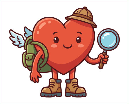 Cute cartoon heart character dressed as an explorer with magnifying glass