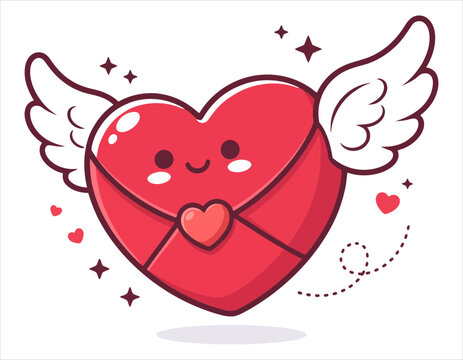 Cute cartoon heart shaped envelope with wings flying for valentines day