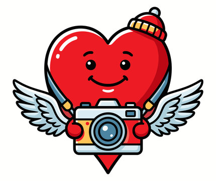 Cute cartoon heart character with wings holding a vintage film camera