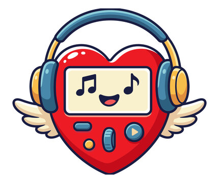Cute cartoon heart shaped music player with headphones and angel wings