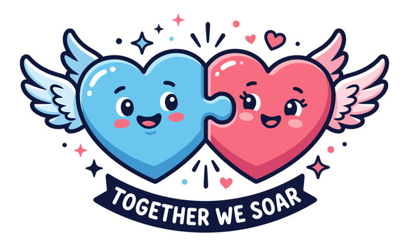 Cute cartoon hearts with wings connecting like puzzle pieces together we soar