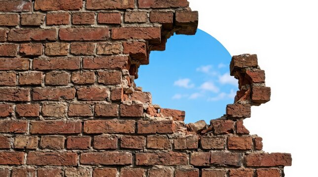 Broken brick wall with hole revealing blue sky