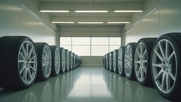 Rows of automotive tires with alloy wheels arranged in a modern clean warehouse facility. professional car service storage and logistics concept.