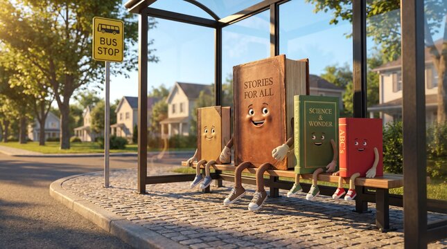 Anthropomorphic books waiting at a bus stop, concept of learning and education