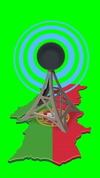 Animated antenna tower transmitting radio wave signals over Portugal map representing telecommunications. Chroma key green screen with alpha channel. (loopable)
