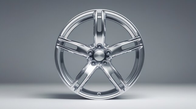 Five-spoke silver alloy wheel rim product shot on a neutral background. automotive hardware and aftermarket tuning part for vehicle upgrade.