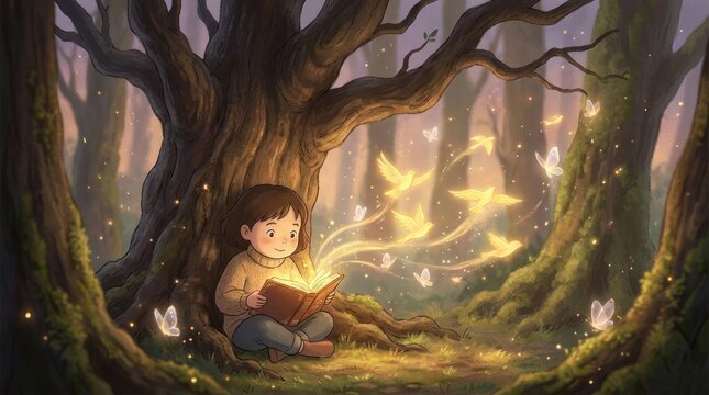 Child reading magic book under large tree with butterflies.