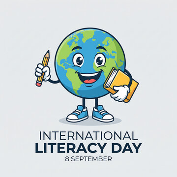 Earth character holding a pencil and book for International Literacy Day celebration in flat vector style