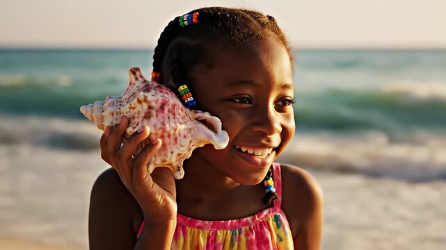 Young Black girl listening to conch shell on beach at sunset