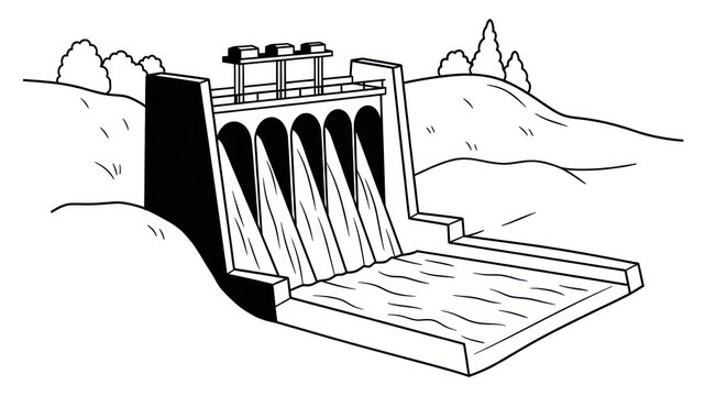 Dam structure with open flood gates.