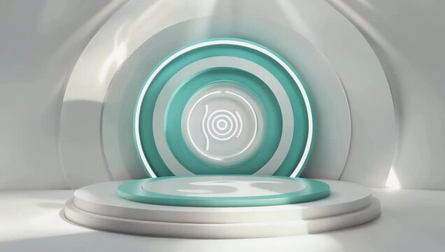 Minimalist 4K seamless loop 3D animation showcasing an empty product mockup stage featuring a white and light green circular podium structure complete with smooth modern shadow movements for