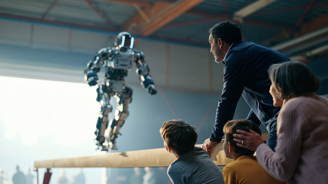 Gymnastics coach and a family of three watching a bipedal training robot attempt a balance beam routine in early morning mist, the children leaning forward with curiosity, a grandmother's hand resti