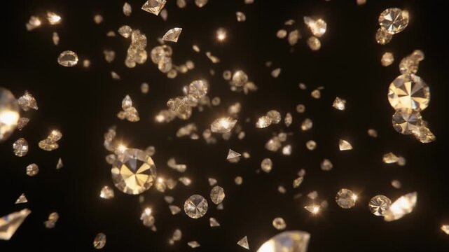 Microscopic champagne diamond dust floats weightlessly through deep black space, faceted particles shimmering with warm gold and ivory reflections, creating premium luxury atmosphere.