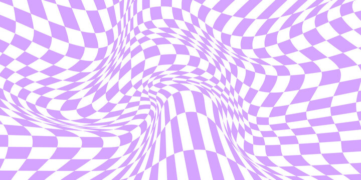 Distorted chessboard background in 2yk style. Visual chequered illusion. Dizzy psychedelic pattern with warped purple and white squares. Trippy checkerboard surface. Vector flat illustration