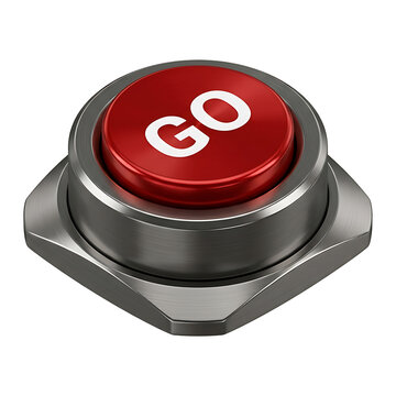 Red metallic push button with GO text on chrome base ready to press, industrial start switch for launch and action concepts
