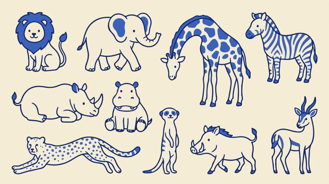 Minimalist safari animal vector set, blue line art zoo creatures collection, cute hand-drawn wild animal illustrations for nursery decor
